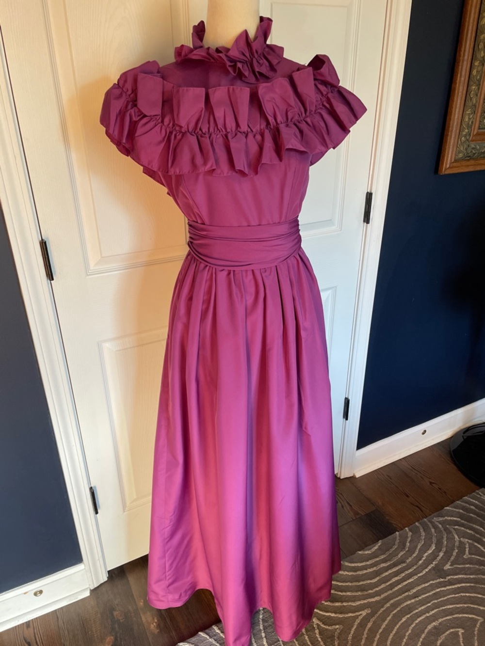 Vintage Handmade Ruffled Maxi Dress Magenta Full Skirt Size 4